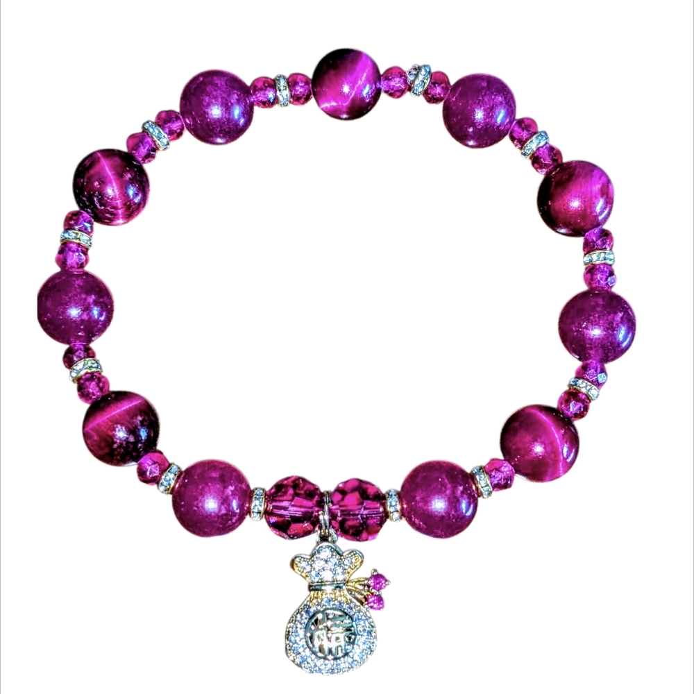 Elegant Fuschia Beaded Bracelet with Luck Charm Stretch Cord Size 6.5"